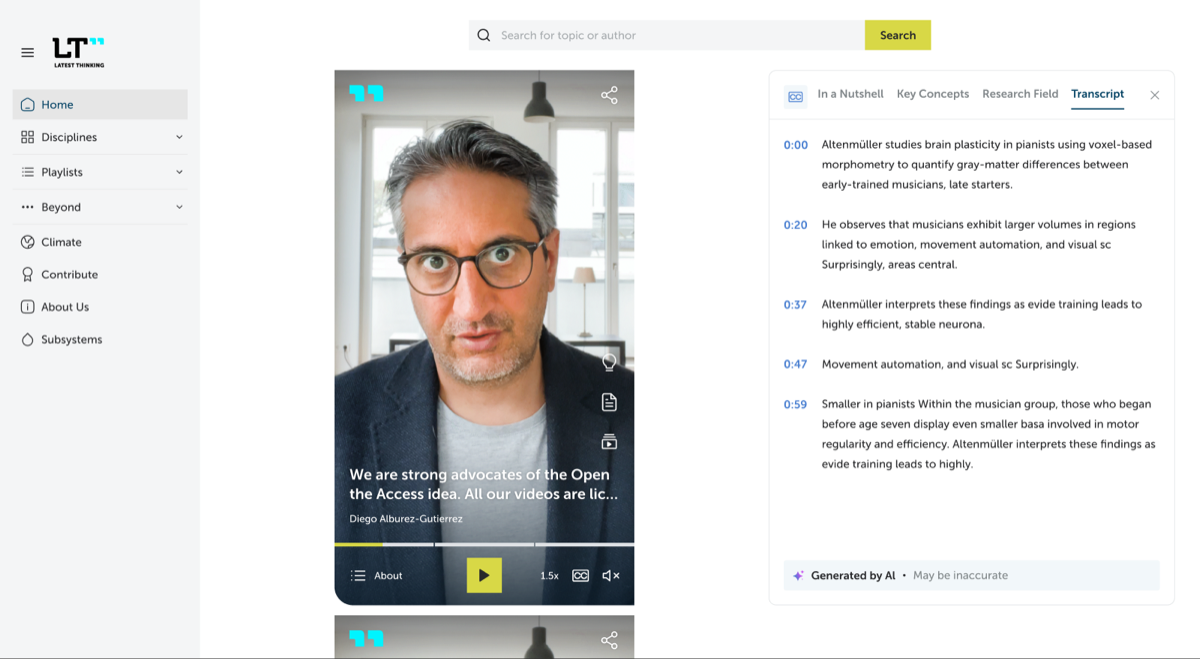 Desktop knowledge view, Transcript tab with timestamped entries