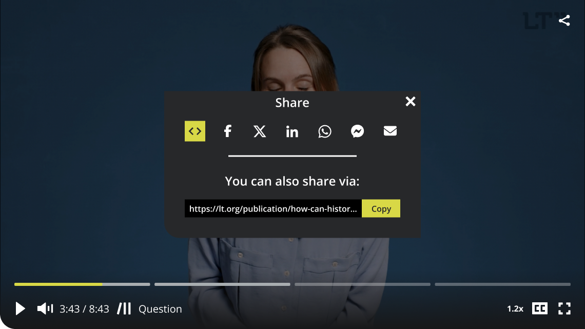The share dialog centered over the dimmed player: mode buttons, social targets, and the copy row